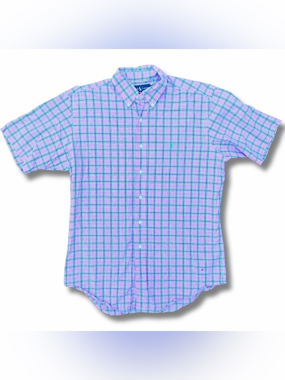 Ralph Lauren Men’s M Classic Fit Pink Plaid Button Front Short Sleeve Shirt EUC